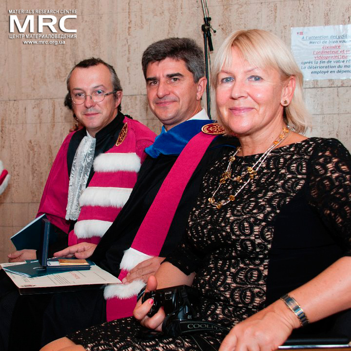 Professor Patrice Simon, professor Yuru Gogotsi after receiving honoris doctorate and his wife Larissa Gogotsi, Toulouse, October 8, 2014